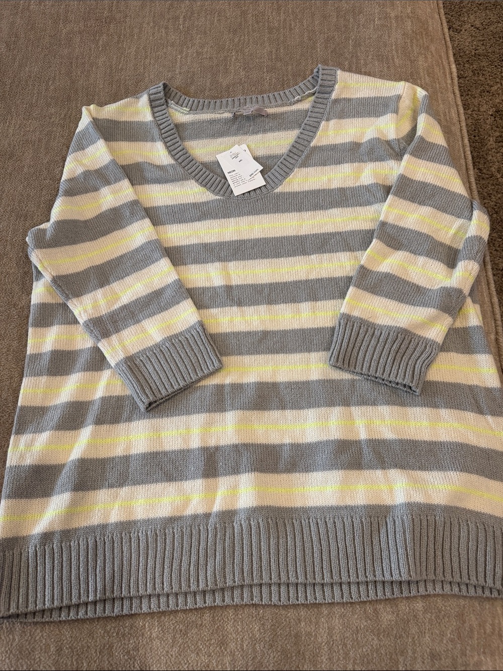 GAP Gray, Cream & Pale Yellow Striped V-Neck Sweater